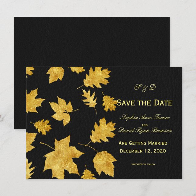 Wedding SAVE THE DATE | Gold Fall Foliage Leather Invitation (Front/Back)