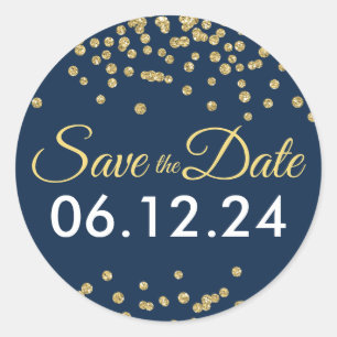 Wedding Save The Date Gold Glitter Confetti Navy Classic Round Sticker
