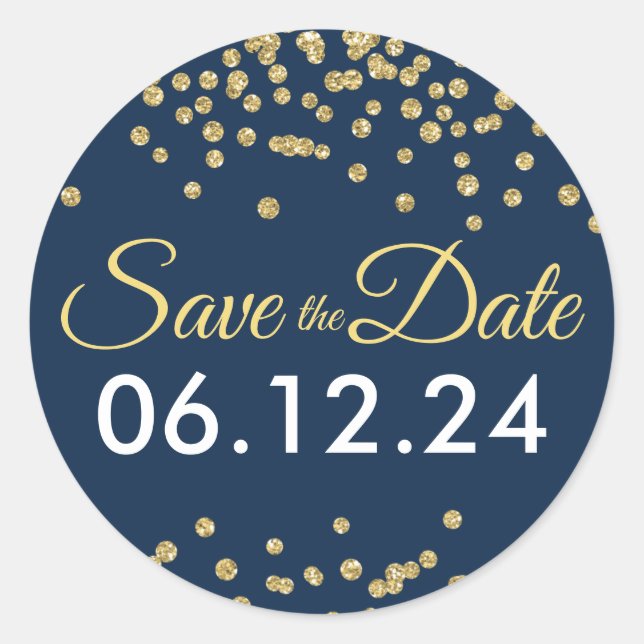 Wedding Save The Date Gold Glitter Confetti Navy Classic Round Sticker (Front)