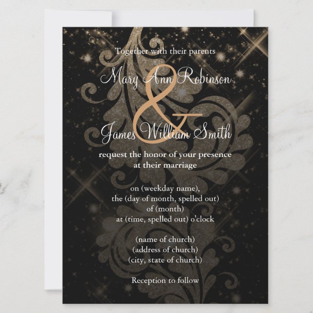 Wedding Save The Date Gold Glitter Floral Swirl (Front)