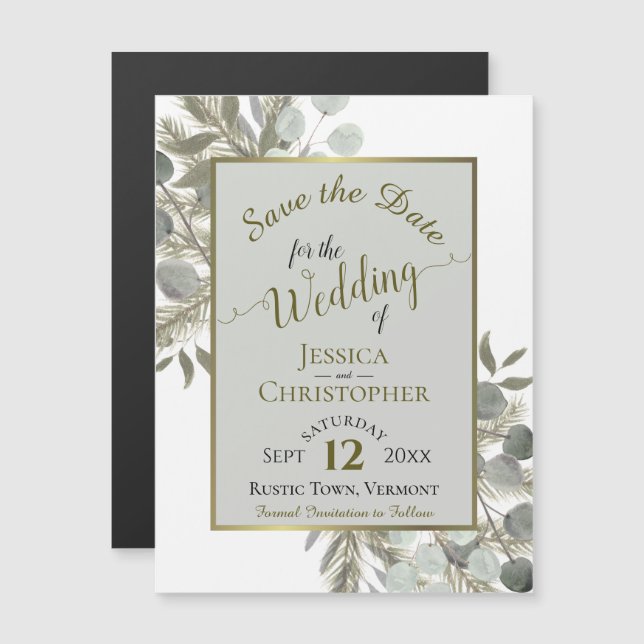 Wedding Save the Date Gold Pine & Greenery Grey Magnetic Invitation (Front/Back)