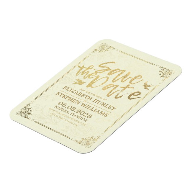 Wedding Save The Date Gold Script Floral Frame Magnet (Left Side)