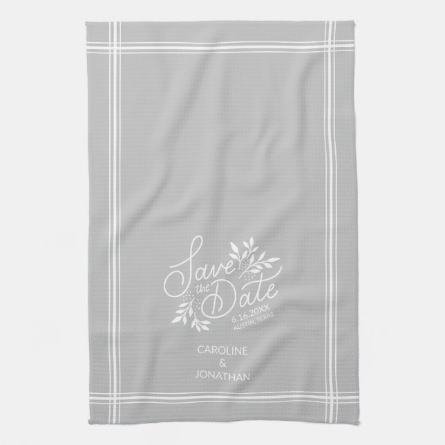 Wedding Save the Date Hand Drawn Botanical Floral Kitchen Towel (Vertical)
