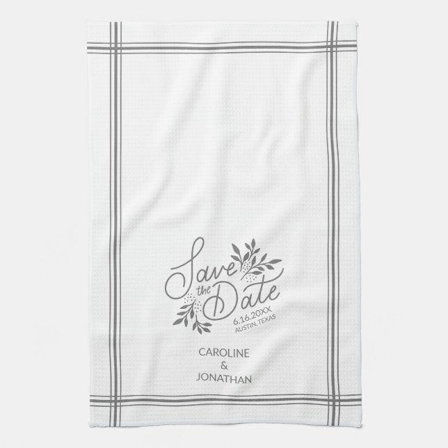 Wedding Save the Date Hand Drawn Botanical Floral  Kitchen Towel (Vertical)