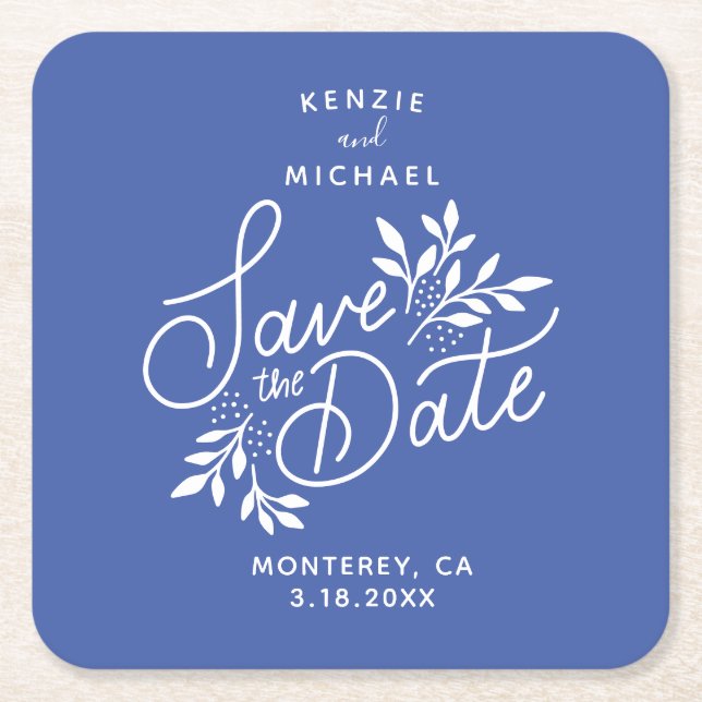 Wedding Save the Date Hand Drawn Botanicals Blue Square Paper Coaster (Front)