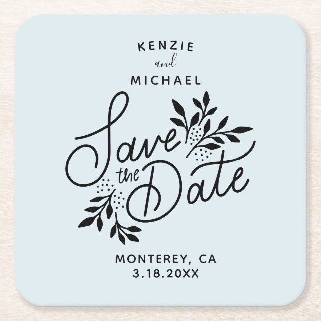 Wedding Save the Date Hand Drawn Botanicals Blue Square Paper Coaster (Front)