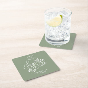 Wedding Save the Date Hand Drawn Botanicals Green Square Paper Coaster