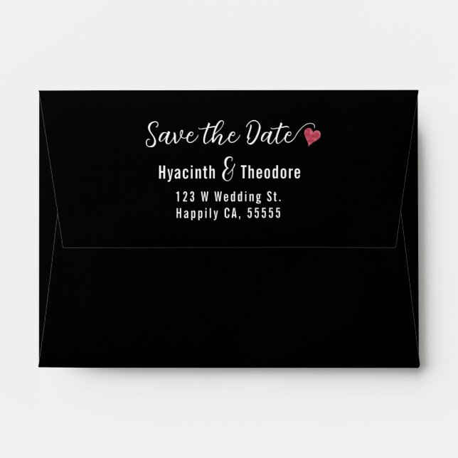 Wedding Save the Date Heart  Return Address Black Envelope (Back (Top Flap))