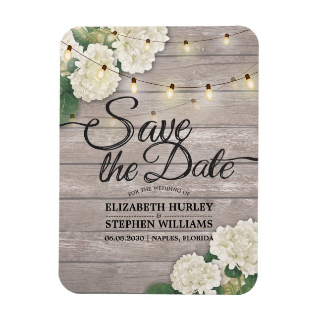 Wedding Save The Date Hydrangea String Lights wood Magnet (Vertical)