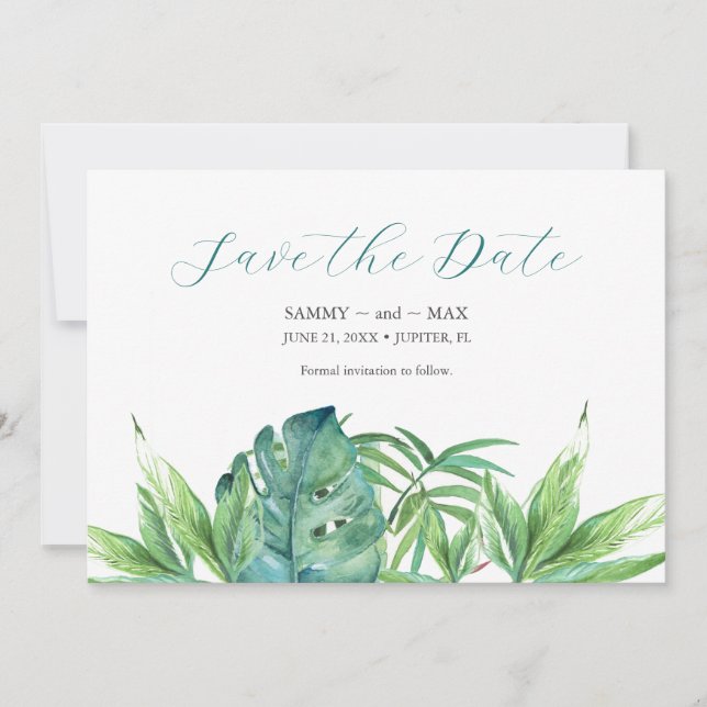 Wedding Save The Date Invitations Tropical Leaves (Front)