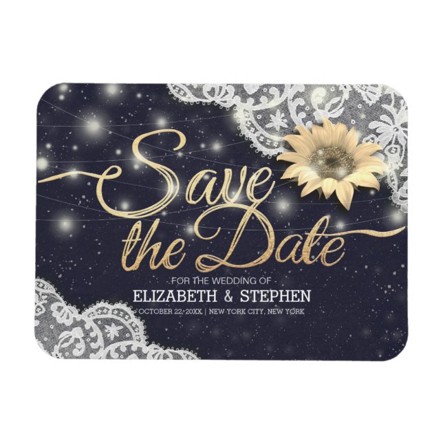 Wedding Save The Date Lace Sunflower String Lights Magnet (Horizontal)