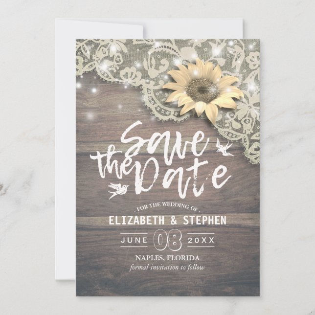 Wedding Save The Date Lace Sunflower Wood Lights (Front)