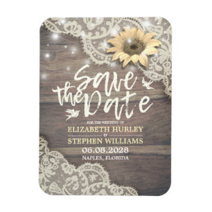 Wedding Save The Date Lace Sunflower Wood Lights Magnet