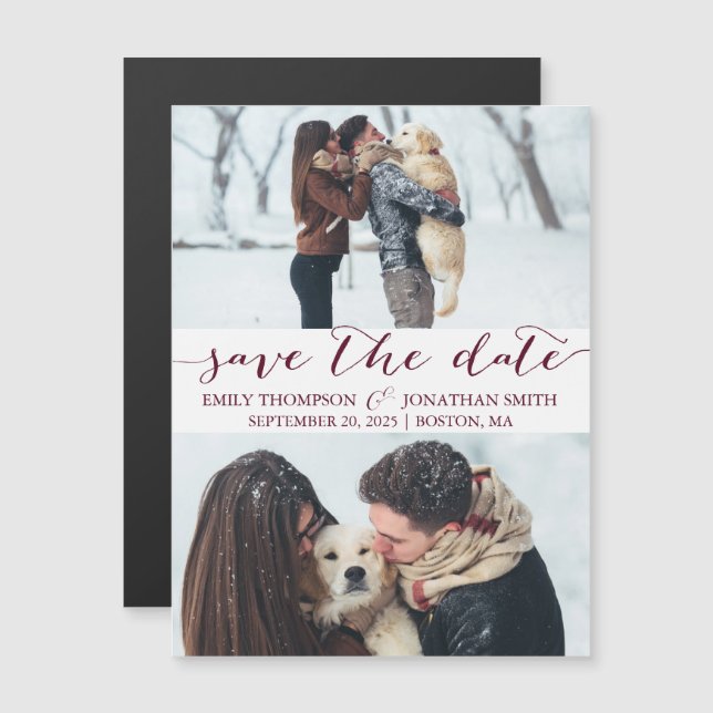 Wedding Save The Date Magnet Two Pictures Burgundy (Front/Back)