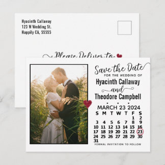 Wedding Save the Date March 2024 Calendar Photo Invitation Postcard