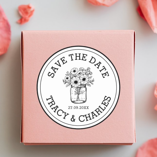 Wedding Save The Date Mason Jar Flowers Custom  Classic Round Sticker (Creator Uploaded)