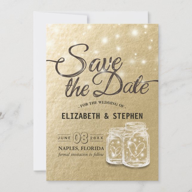 Wedding Save The Date Mason Jar String Lights Gold (Front)