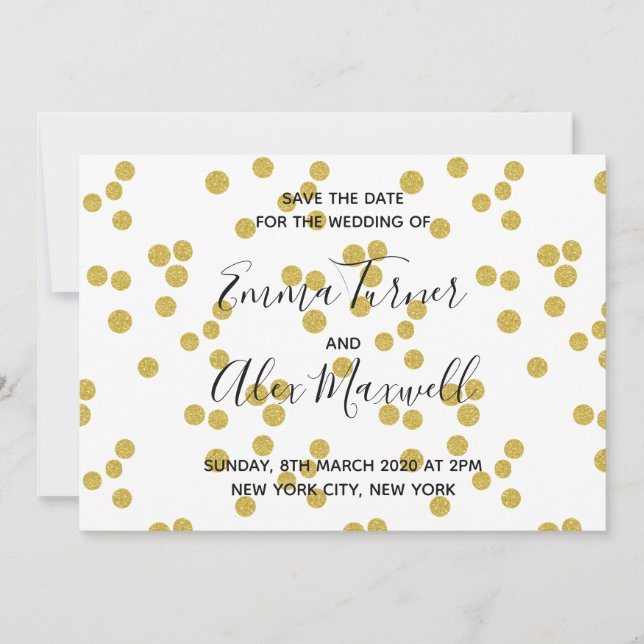 Wedding Save the date Modern Gold Confetti Script (Front)
