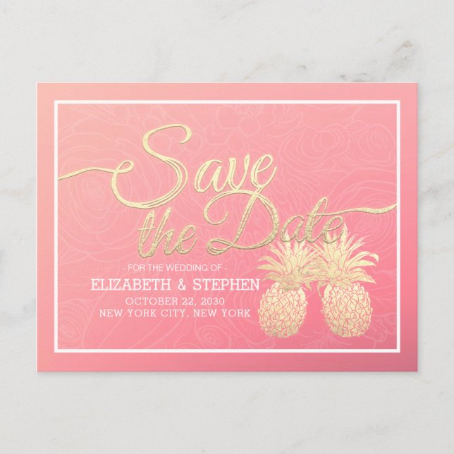 Wedding Save The Date Modern Gold Pineapple Couple Announcement Postcard (Front)