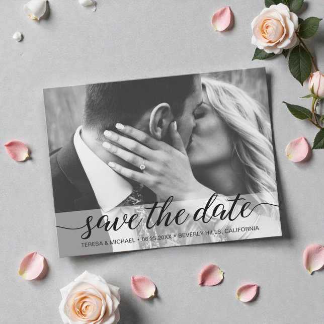  Wedding Save The Date Modern script Photo Postcard (Elegant, modern, neutral engagement photo save the date script postcard.)