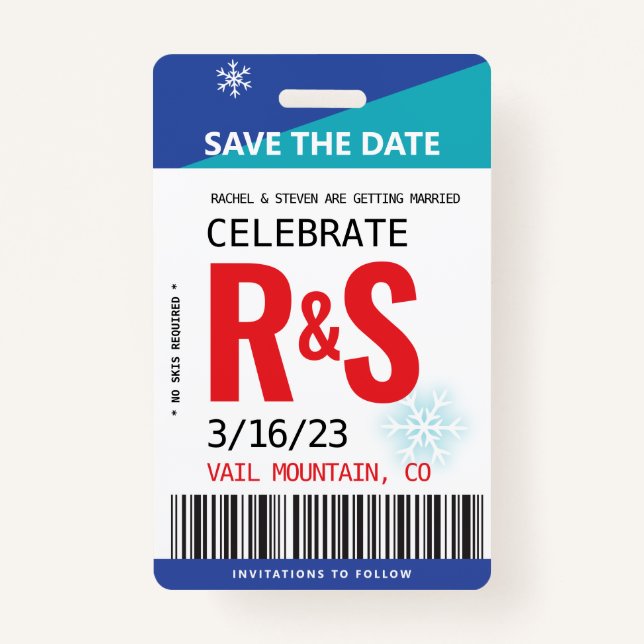 Wedding Save the Date Original Ski Lift Ticket Badge (Front)