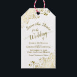 Wedding Save the Date Pencil Us In Gold Frills Gift Tags<br><div class="desc">These beautiful gift tags are designed to accompany wedding save the date favours such as pencils or calendars. They feature a beautiful gold and white design with lace frills in the corners and fancy script calligraphy reading Save the Date with the names of the couple, wedding date and location. The...</div>