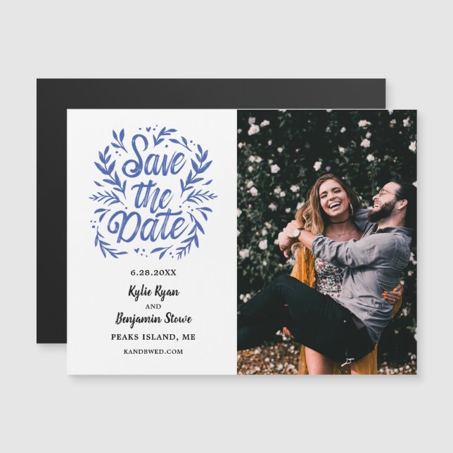 Wedding Save the Date Photo Calligraphy Botanical Magnetic Invitation (Front/Back)