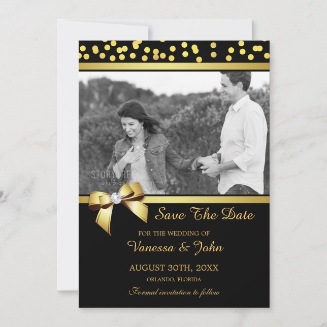 Wedding Save The Date Photo Gold Confetti Black (Front)