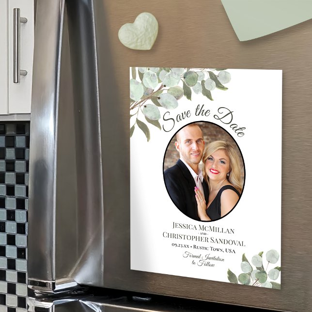Wedding Save the Date Photo & Greenery White Magnetic Invitation (Creator Uploaded)