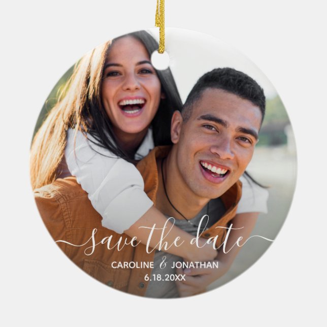 Wedding Save the Date Photo Pretty Calligraphy Ceramic Ornament (Back)