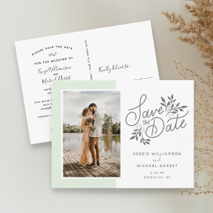 Wedding Save the Date Photo Script Botanical Green Postcard