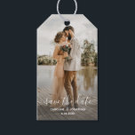 Wedding Save the Date Photo Simple Calligraphy Gift Tags<br><div class="desc">Use this gift tag as a fun, unique save the date or attach it to a save the date favour/gift. Design features your photo and a white text overlay. Add your names and date to the front and custom text to the back. Simple and classic yet modern on on-trend -...</div>
