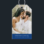 Wedding Save the Date Photo Simple Minimal Blue Gift Tags<br><div class="desc">Use this gift tag as a fun, unique save the date or attach it to a save the date favour/gift. Design features your photo and a white text set against a dark blue border. Add your names and date to the front and custom text to the back. Simple and classic...</div>