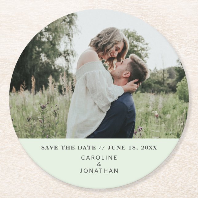 Wedding Save the Date Photo Simple Minimal Green Round Paper Coaster (Front)