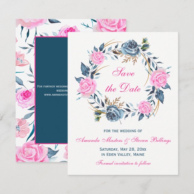 Wedding Save the Date - Pink, Blue Roses Invitation (Front/Back)