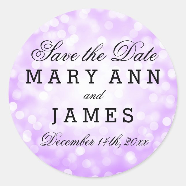 Wedding Save The Date Purple Glitter Lights Classic Round Sticker (Front)