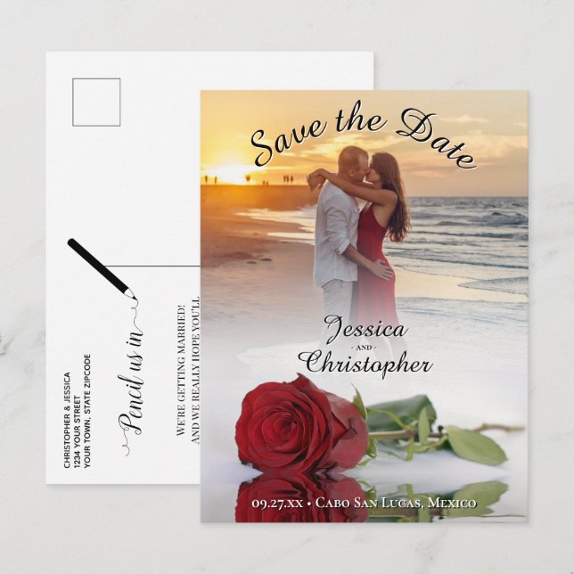 Wedding Save the Date Red Rose Photo Overlay Black Announcement Postcard (Front/Back)