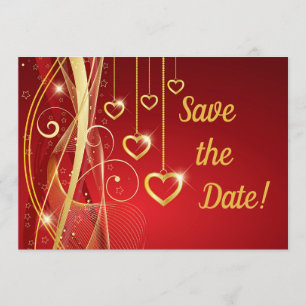 Wedding Save the Date Romantic Red Gold Hearts