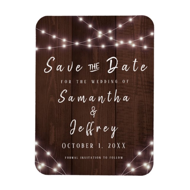 Wedding Save the Date Rustic String Lights Wood Magnet (Vertical)