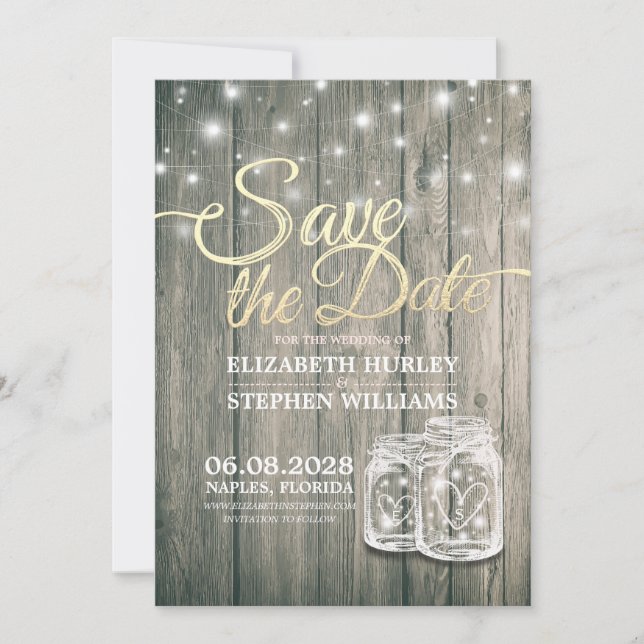 Wedding Save The Date Rustic Wood Mason Jar Lights (Front)