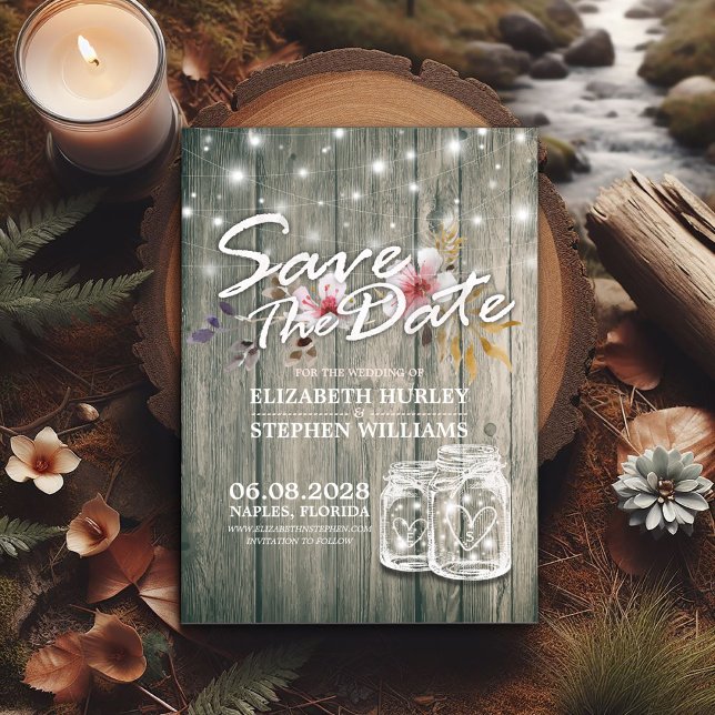 Wedding Save The Date Rustic Wood Mason Jar Lights (Creator Uploaded)