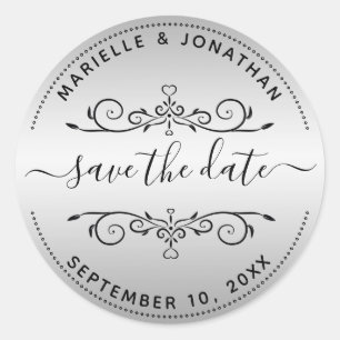 Wedding Save the Date Script Silver Return Address Classic Round Sticker