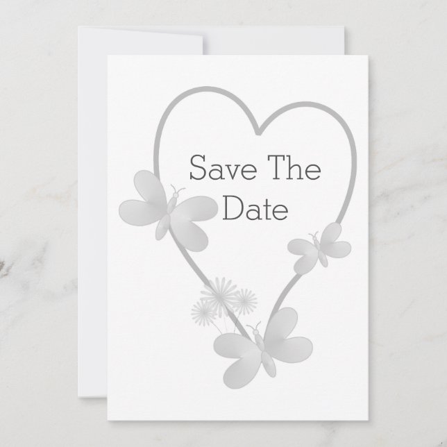 Wedding Save The Date Silver Heart Butterflies Announcement (Front)