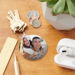 Wedding Save the Date Simple Photo Calligraphy Keychain