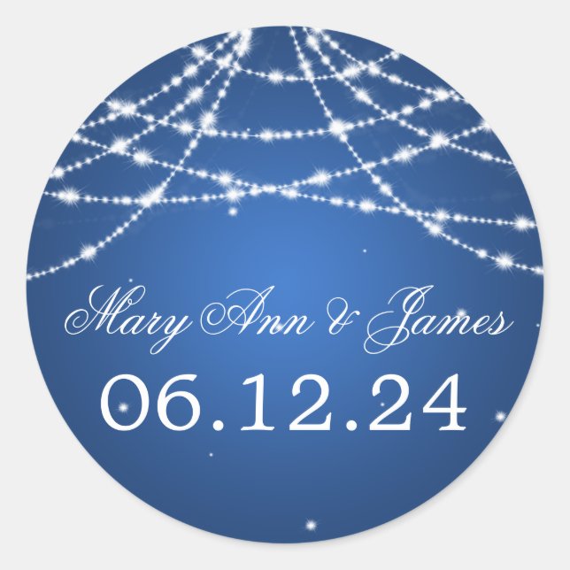 Wedding Save The Date Sparkling String Blue Classic Round Sticker (Front)