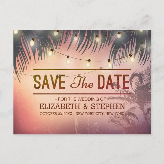Wedding Save The Date Summer Beach Palm Tree Light Announcement Postcard (Front)