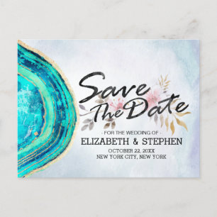 Wedding Save The Date Teal Gold Agate Geode Slice  Announcement Postcard