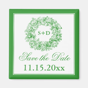 Wedding Save The Date Vintage Floral Monogram Gree Magnet