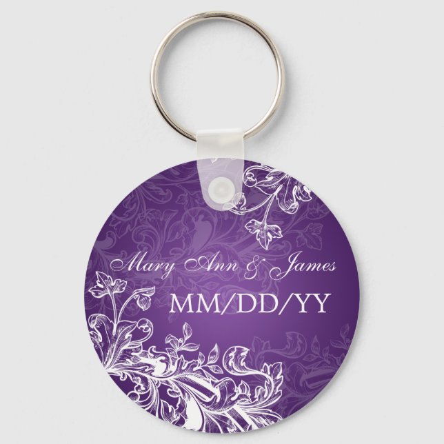 Wedding Save The Date Vintage Swirls Purple Keychain (Front)