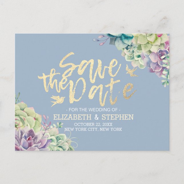 Wedding Save The Date Watercolor Succulent Plants Announcement Postcard (Front)
